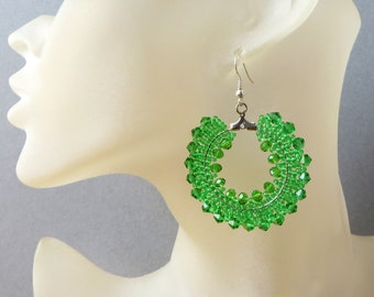 Green Seed bead earrings Crystal Beaded hoop earrings Statement earrings Green round earrings Big Hoop earrings Beaded Green Party Earrings