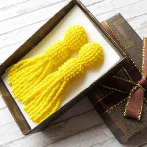 Yellow beaded tassel earrings Oscar de la Renta earrings Seed bead earrings Fringe earrings Long tassel earrings Oscar style tassel earrings