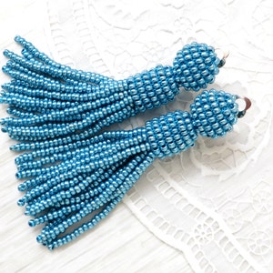 Long Blue metallic beaded tassel earrings Oscar de la Renta earrings Short clip tassel earrings Turquoise Fringe earrings Seed bead tassel