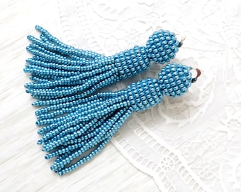 Long Blue metallic beaded tassel earrings Oscar de la Renta earrings Short clip tassel earrings Turquoise Fringe earrings Seed bead tassel