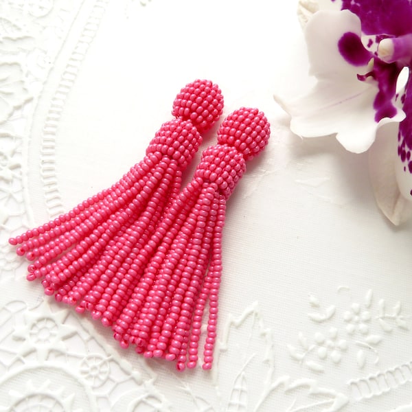 Bright Pink Beaded tassel earrings Short Clip on Seed bead earrings Oscar de la Renta style earrings Long tassel Hot pink Bead Stud earrings