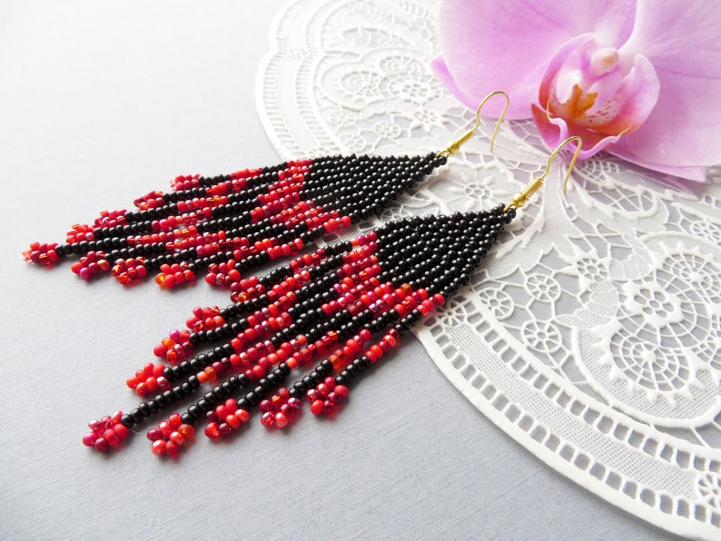 Long Red Black tassel earrings Seed bead tassel earrings Etsy