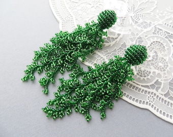Beaded clip on earrings Long green tassel earrings Coral green earrings Statement earrings Seed beads earrings Dangle Wedding earrings