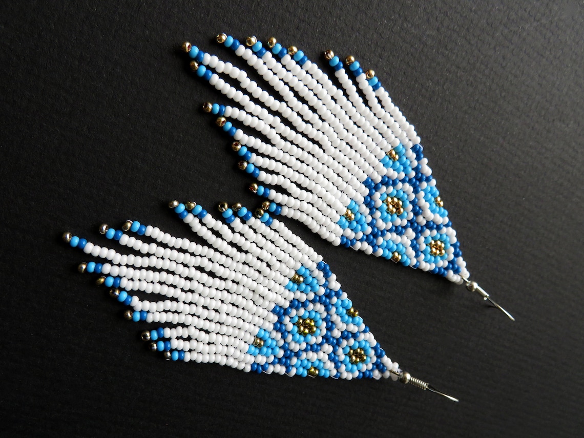 Native Beaded Earrings Long White Blue Seed Bead Earrings Multicolored ...