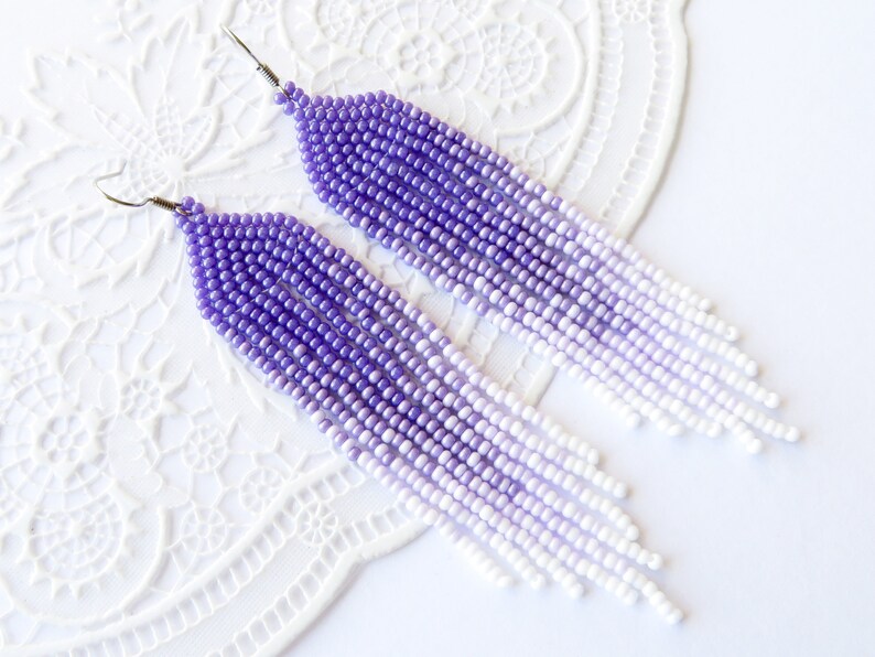 Beaded Tassel Earrings Violet Fringe Ombre Earrings Long Etsy