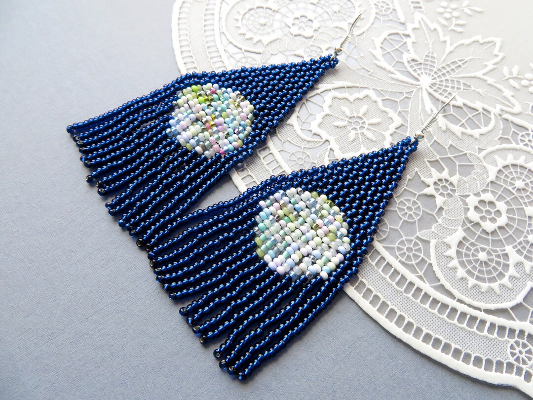 Statement Navy Tassel Earrings Midnight Moon Earrings Beaded - Etsy