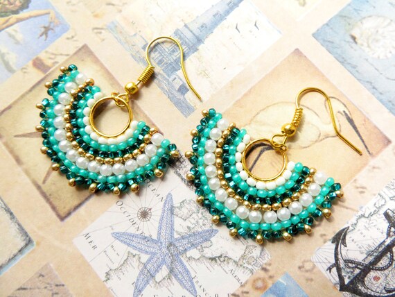 Boucles D'Oreilles Éventail - Plaque Or Avec Perles Turquoises - Bijou Ancien/Occasion