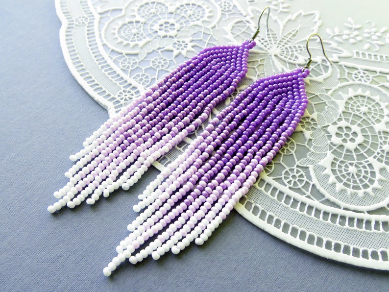 Beaded Tassel Earrings Violet Fringe Ombre Earrings Long Etsy