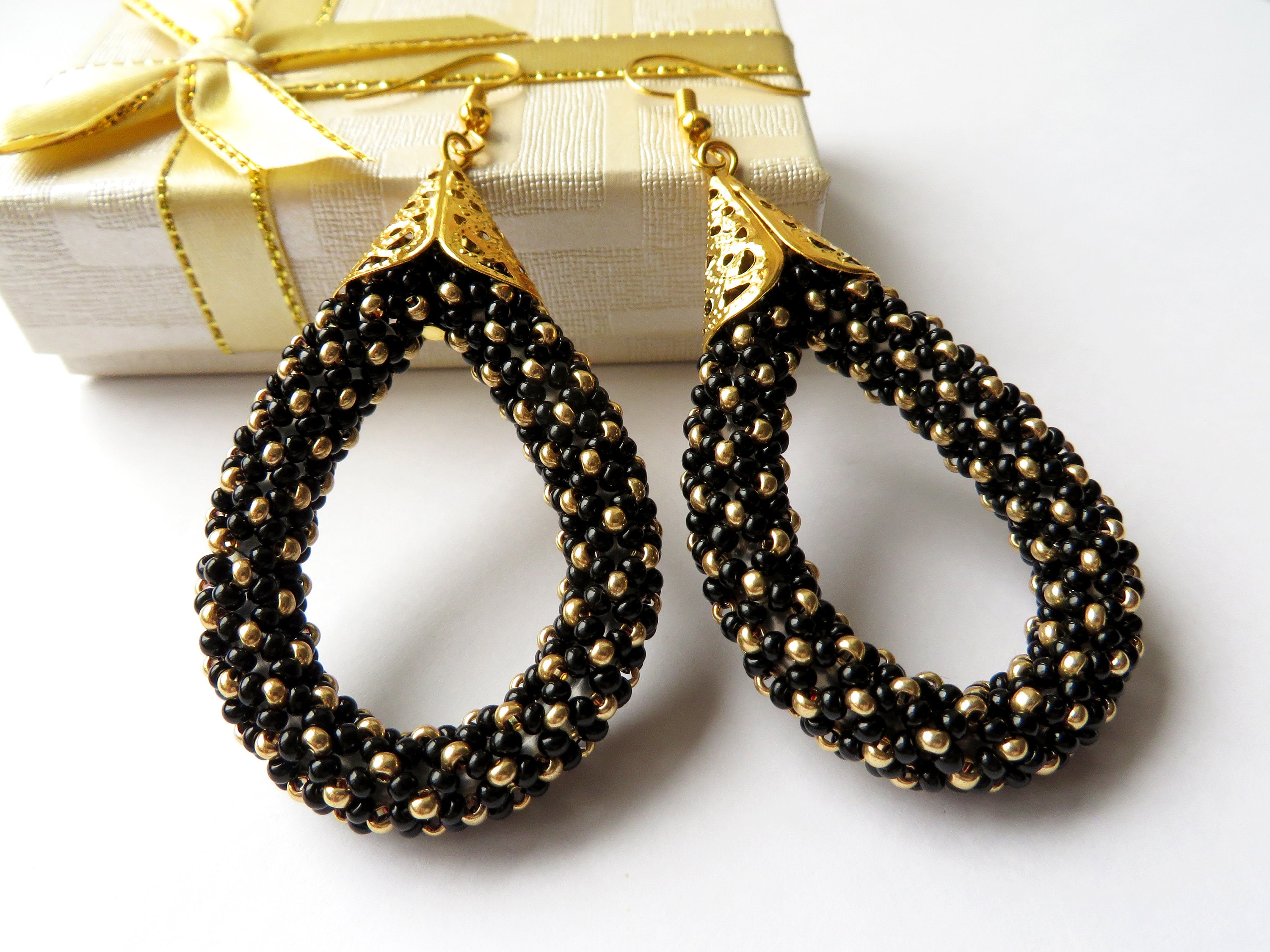 Long black gold earrings Stylish modern earrings Statement Etsy