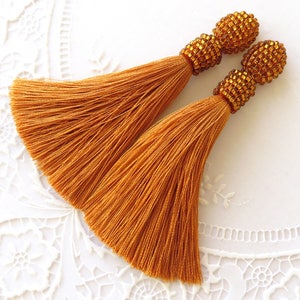Gold silk tassels earrings Brown Clip on earrings Long beaded tassel earrings Oscar de la renta earrings Oscar earrings Seed bead earrings