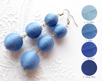 Sky blue Bon Bon earrings Ball drop Pom Pom Earrings Long Blue earrings Les bonbons Earrings Thread fringed earrings Ball dangle earrings