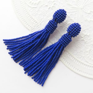 Royal Blue earrings Blue beaded tassel earrings Oscar de la Renta Clip on earrings Seed beads earrings Statement earrings Celebrity jewelry