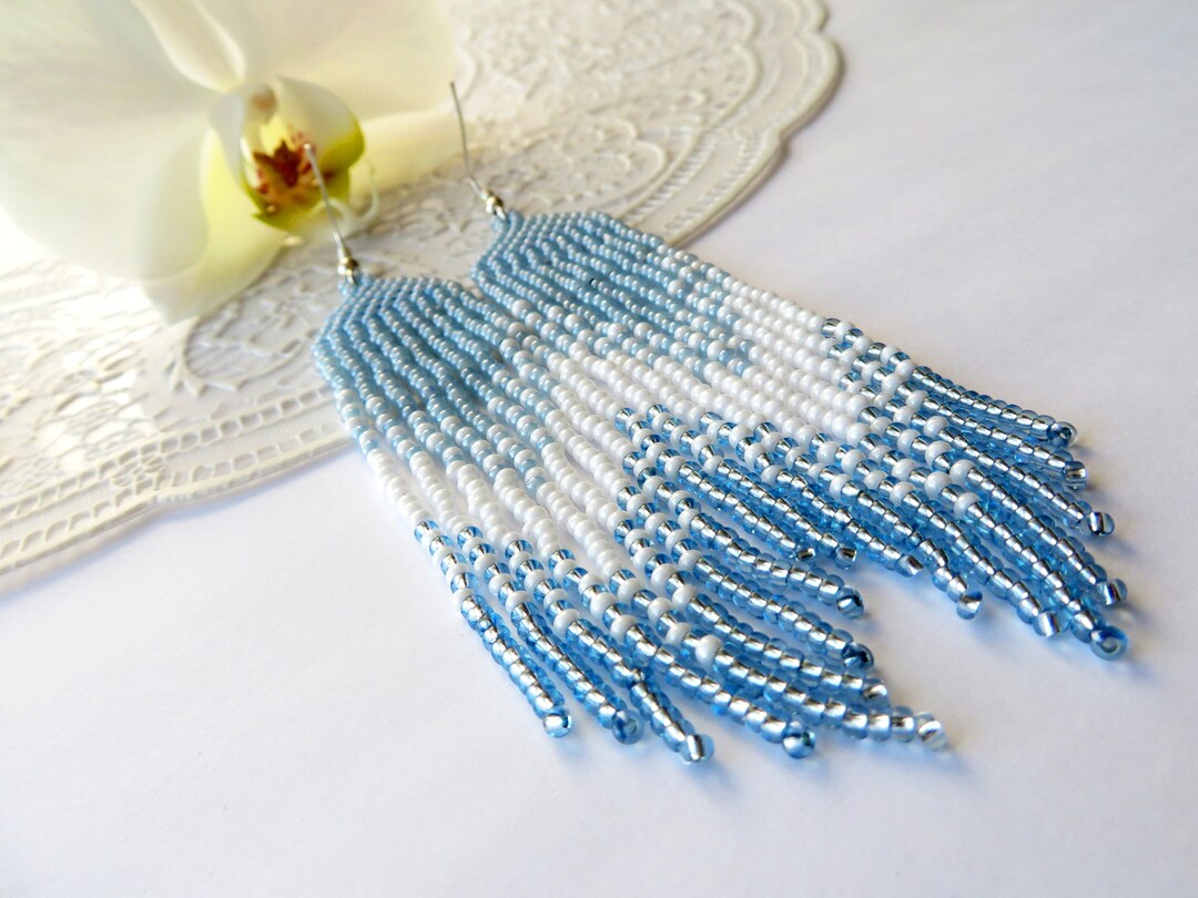 Beaded Tassel Earrings Long White Blue Seed Bead Earrings Gradient ...