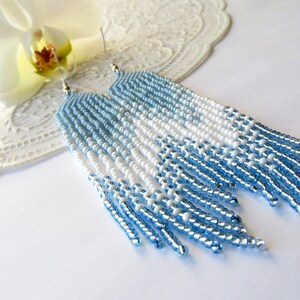 Beaded tassel earrings Long White Blue Seed bead earrings Gradient beaded earrings Modern Dangle Fringe earrings Ombre Statement earrings