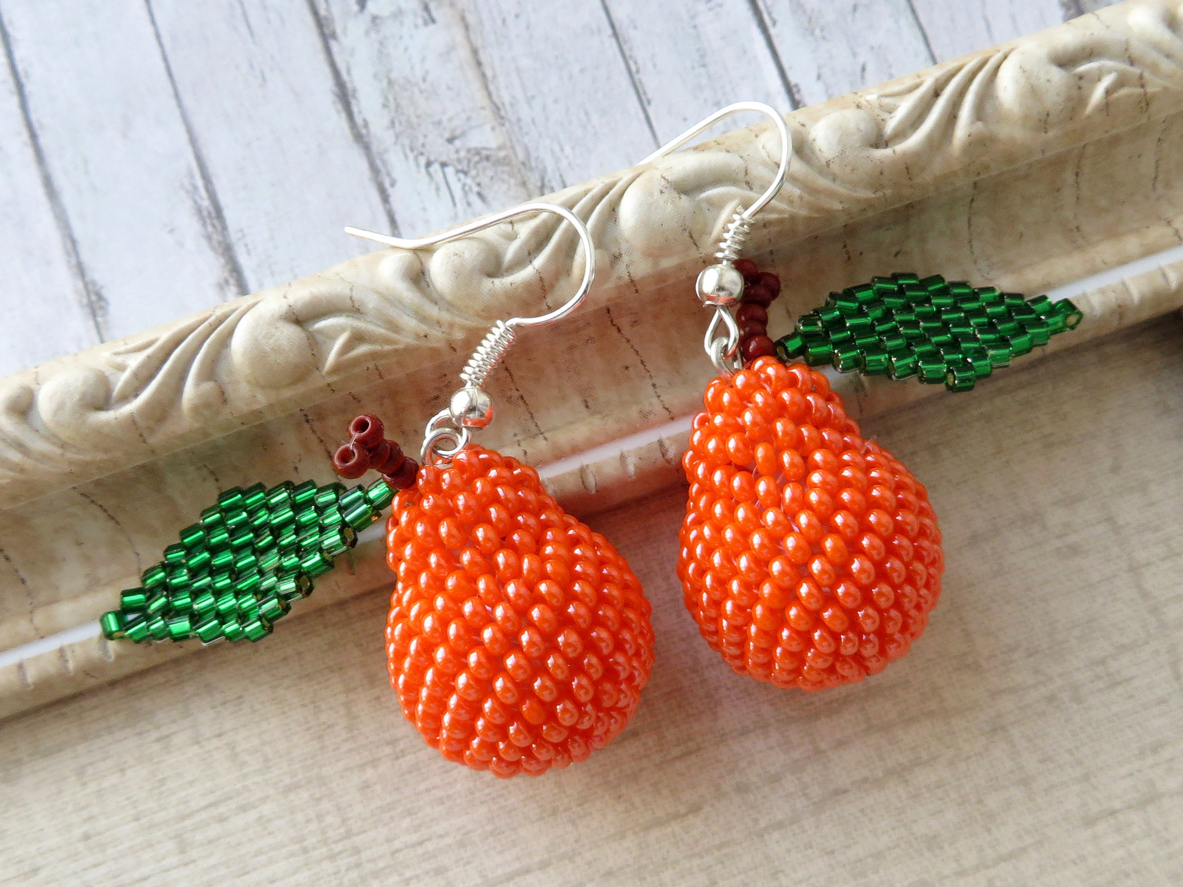 Pear Beaded Earrings Orange Ball Earrings Bon Bon Earrings Les Etsy