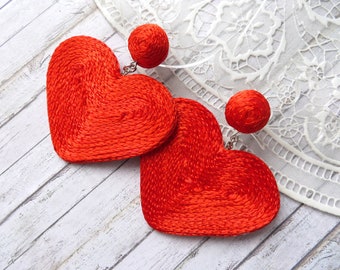 Red heart earrings Bon Bon Earrings Statement Red heart drop wrapped silk cord Pom Pom Earrings Silk Cord Stud Bonbon Long clip on earrings