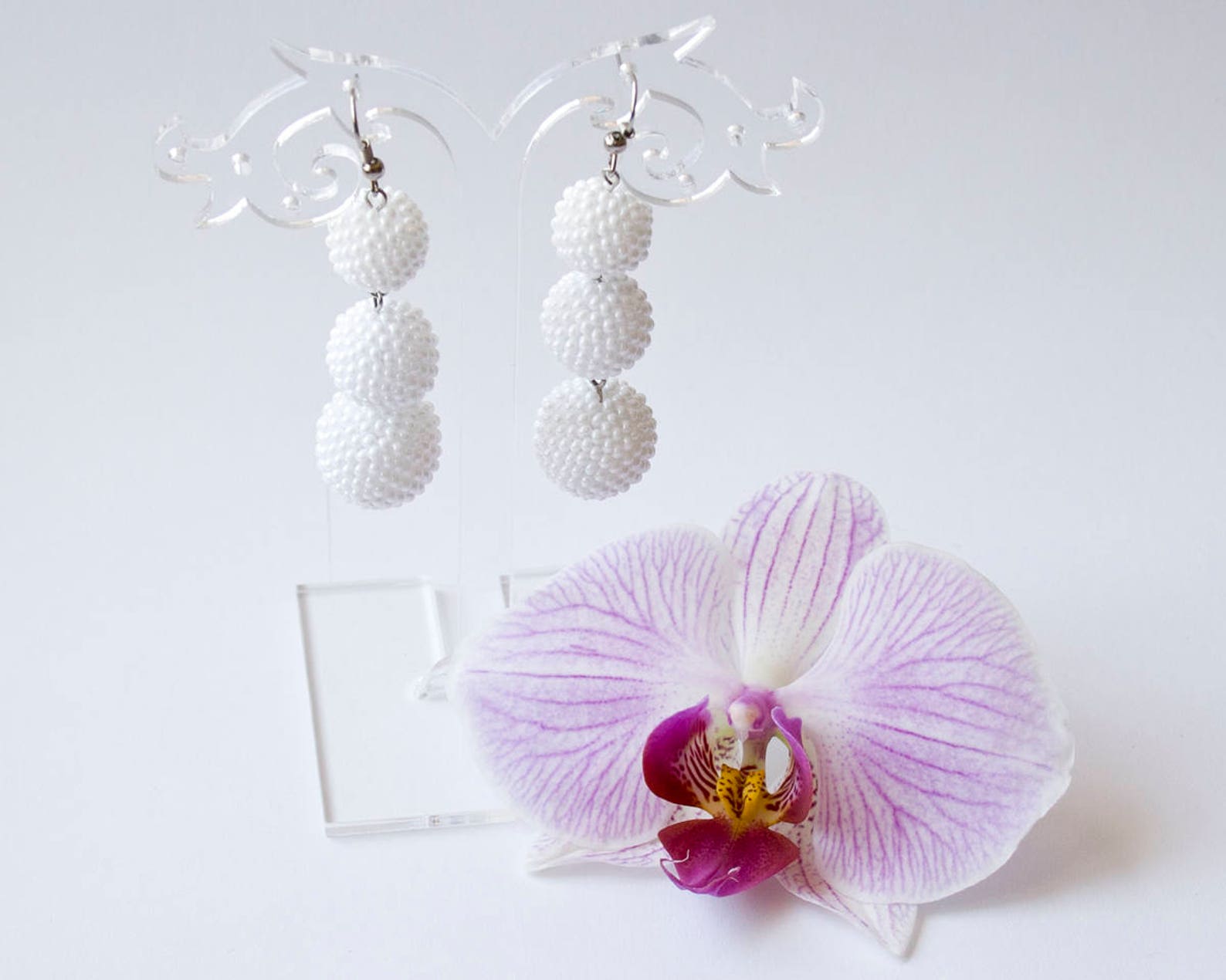 Bon Bon Earrings White Ball Drop Earrings Long Seed Beaded Etsy