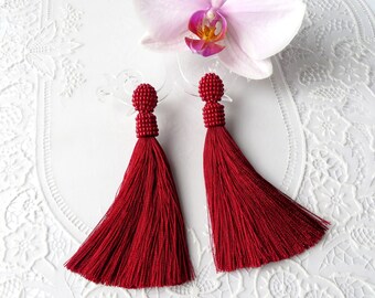 Red Large silk tassel earrings Beaded tassel earrings Red Stud tassel earrings Long Oscar earrings Red clip tassel Red jewellery Seed bead