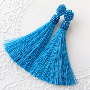 Sky Blue silk tassel Beaded tassel earrings Stud tassel earrings Oscar de la renta earrings Blue clip on tassel earrings Seed bead earrings