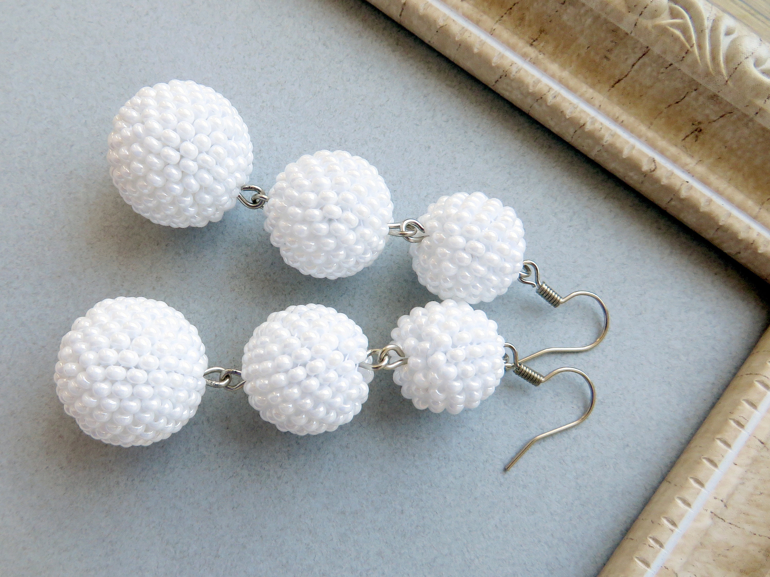Bon Bon Earrings White Ball Drop Earrings Long Seed Beaded Etsy