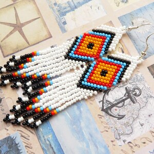 Huichol Mexican Earrings Native Indian Dangle Earrings White American Beaded Earrings Turquoise Seed Bead Earrings Orange Yellow Turquoise