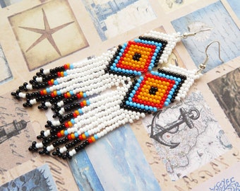 Huichol Mexican Earrings Native Indian Dangle Earrings White American Beaded Earrings Turquoise Seed Bead Earrings Orange Yellow Turquoise
