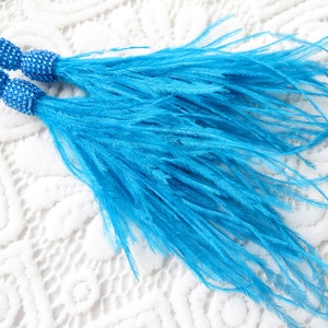 Blue Ostrich Feather Earrings Long Beaded tassel earrings Seed bead Blue earrings Oscar earrings Blue clip on tassel Blue Fringe earrings
