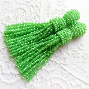 Beaded tassel earrings Short Clip on earrings Green Seed bead earrings Oscar de la Renta style earrings Long Lime tassel Bead Stud earrings