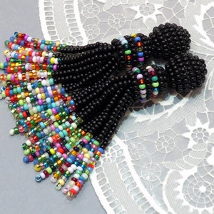 Black beaded tassel earrings Multicolor clip earrings African Ethnic earrings Seed bead earrings Oscar de ra renta earrings Statement tassel