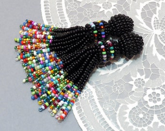 Black beaded tassel earrings Multicolor clip earrings African Ethnic earrings Seed bead earrings Oscar de ra renta earrings Statement tassel