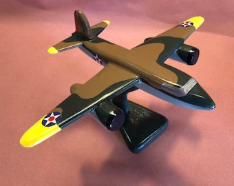 Handcrafted wooden B-26 Marauder toy plane.