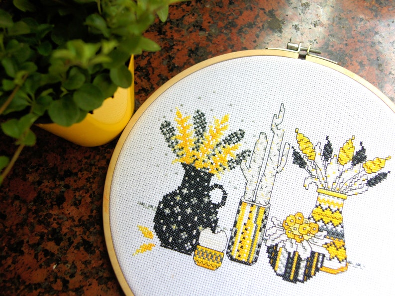 house plants and vases Cactus Needlepoint pattern Still life with yellow flowers Modern cross stitch pattern PDF Instant download
