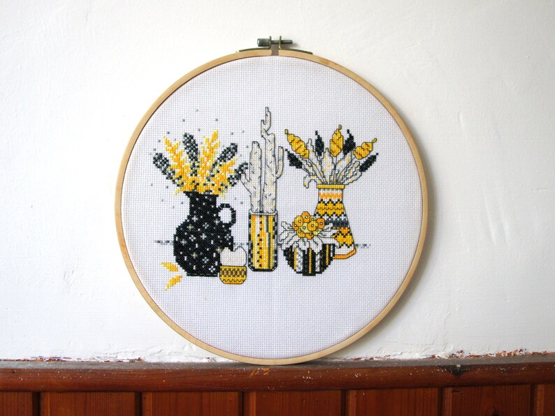 house plants and vases Cactus Needlepoint pattern Still life with yellow flowers Modern cross stitch pattern PDF Instant download