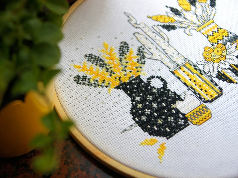 house plants and vases Cactus Needlepoint pattern Still life with yellow flowers Modern cross stitch pattern PDF Instant download