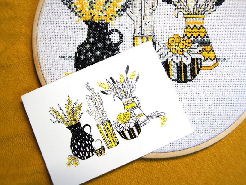 house plants and vases Cactus Needlepoint pattern Still life with yellow flowers Modern cross stitch pattern PDF Instant download