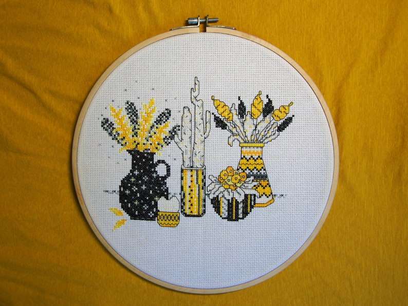 house plants and vases Cactus Needlepoint pattern Still life with yellow flowers Modern cross stitch pattern PDF Instant download