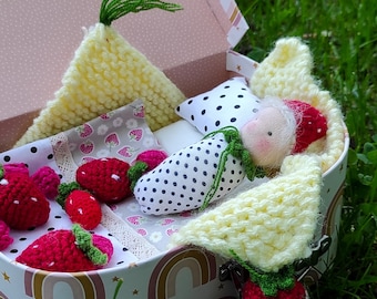 Strawberry waldorf soft doll,naturalfiberartdolls,slow doll, personalised gift ideas,suitcasedoll, small pocket doll,waldorfdoll made in USA