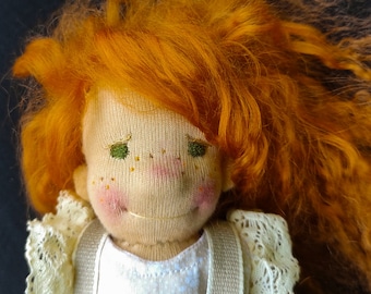 Daphne redhead waldorf doll in a suitcase home, embroidery mushrooms, small Teddy bear, crochet autumn decor naturalfibertartdoll
