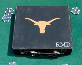 Officiellt licensierat Texas Longhorn färgtryckt pokerset med 100 marker | Anpassad UT Austin-present | Present till studentkillar | Longhorn-fans |