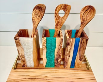 Resin Olive Wood Knife Block| Universal Storage for Paring, and Steak Knives|Handmade with Genuine Olive Wood| Knife Organizer|