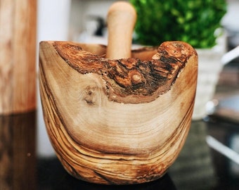 Rustic mortar Olive Wood Mortar and Pestle Set| Wooden Herb Grinder for Spices & Guacamole| Mortar Pestle Set| Farmhouse Kitchen Decor