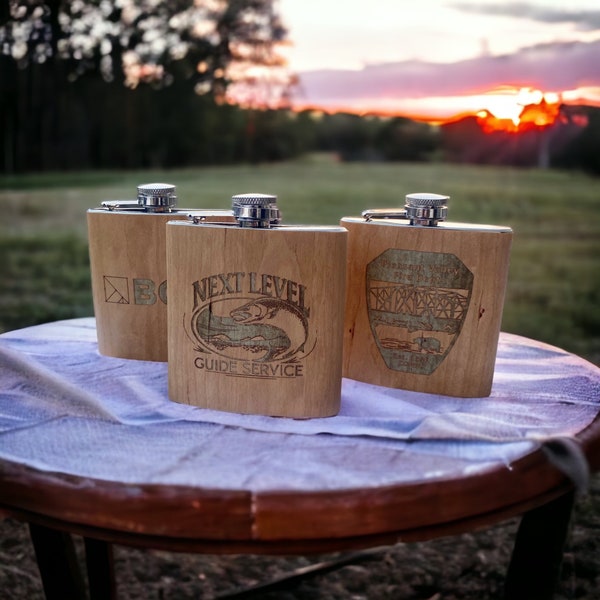 Custom Logo Wooden Flasks| Any College Logo|Company Gifts| Frat Letters| Put Your Custom Image On The Flask| Maple, Cherry, Walnut