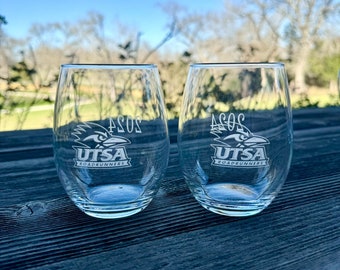 Custom College Stemless Wine Glasses| 15oz| Any College, Any Names, Any Style| Company Gifts| Girls Grad Gifts| Sports Logos| Images