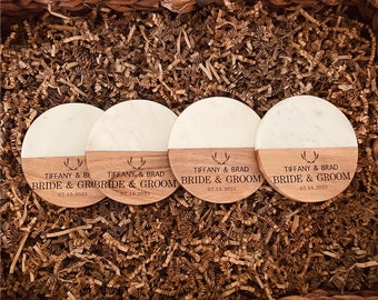 Circle Acacia & White Marble Coasters| Set of 4| Engraved With Your Logos, Images, Slogans| New Home Gifts| Wedding Gifts| Closing Gifts|