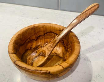 Olivenholz Schüssel und Löffel | Haferflocken Schüssel | Müslischüssel| Handgemachte rustikale Schüssel und Löffel | Bauernhaus Küchenzubehör | Küche Geschenk | Hauseinweihung