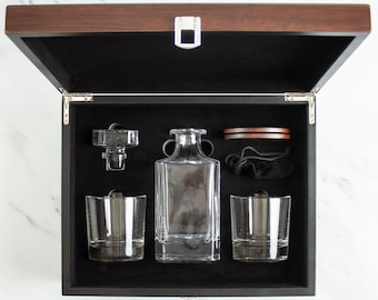 Add Your Logo Custom Decanter Set | Dark Brown Wood Gift Box | Personalized Whiskey Set | Corporate Gift | Branded Barware | Executive Gift