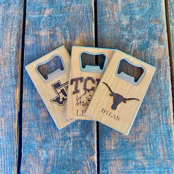 Acacia Wood And Stainless Steel Wallet College Bottle Openers| Personalized College Bottle Opener| Grad Gifts| College Gifts| Boyfriend Gift