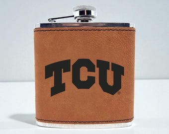 Texas Christian University TCU Leather Flask | Horned Frogs Gift | TCU Alumni Barware | Graduation Gift | Custom Engraved Flask | Frogs