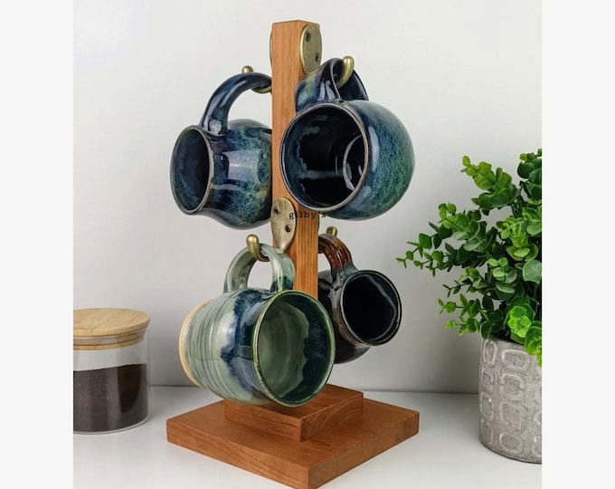 Classic Hardwood Cherry Coffee Mug Holder | Modern & Elegant | Handmade Mug Organizer | Mug Rack| Perfect Housewarming Gifts | Closing Gifts