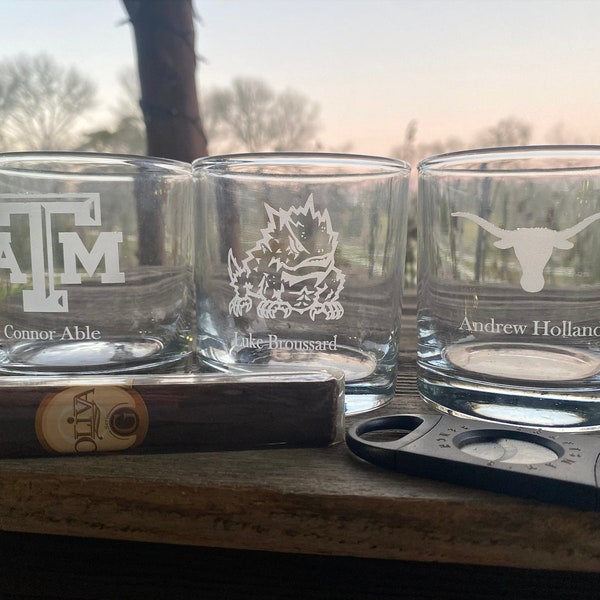 Custom College Whiskey Glasses| Any College, Any Names, Any Style| Single Or Double Sided| Custom Engraved Photos, Logos, Names, And More